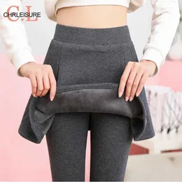 CHRLEISURE Sonbahar Kış Kalınlaşmak Elastik Tayt Femme Zayıflama Sahte İki Etek Pantolon Kadınlar Için Termal Legging 211203