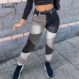 90s cor bloco namorado skinny jeans para mulheres streetwear preto contraste azul ponto alto cintura cintura calça jeans calças 210922