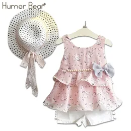 Humor Bear Girls Clothes Sets Summer Children Clothes Coat+Shorts+Hat kids Clothing 3PCS Suit 210326