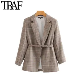 TRAF Femmes Vintage Élégant Bureau Porter Plaid Blazer Manteau De Mode À Manches Longues Avec Ceinture Femelle Survêtement Chic Tops 211006