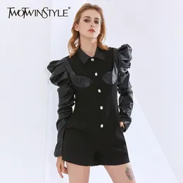 TWOTWINSTYLE Schwarz Overall Für Frauen Revers Puff Langarm Patchwork PU Leder Hohe Taille Mini Overalls Weibliche Kleidung 210517