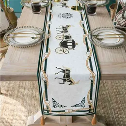 Dunxdeco Tassel Table Runner Party Long Cover Tyg Modern Lyxig Royal Horse Carriage Print Desk Dekoration Textil 210628