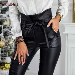 Insta Gold Black Pas High Waist Ołówek Pant Kobiety Faux Leather PU Sashes Long Spodnie Casual Sexy Exclusive Design Fashion 211124