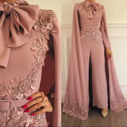 Różowy kombinezon suknie wieczorowe z opakunkiem plus size długie rękawy balki Prom Suknie Appliqued Koraliki Eleganckie Dubaj Arabski Party Robe de Mariée