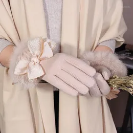 5本の指の手袋女性冬のウールビッグボウは暖かくなりますカシミア厚いタッチスクリーンファッションエレガントな女性のアップスケール