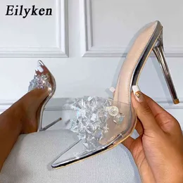 Eilyken New PVC Transparent Crystal Women Slippers Summer Pointed Toe High Heels Sexy Slides Ladies Party Sandals Pumps Shoes Y220301