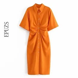 Fashion cotton Orange long dress women maxi vintage elegant short sleeve office autumn casual korean Vestidos 210521