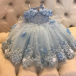 Cute Light Sky Blue Girls Pageant Dresses Princess Tulle Lace Appliques Pearls Kids Flower Girl Dress Ball Gown Birthday Gowns Floor Length Hand Made Flowers