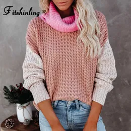 FitShinling Patchwork Balıkçı Yaka Kadın Örme Kazak 2021 Yeni Varış Boho Kazak Moda Ince Jumper Vintage Kış Üstleri X0721