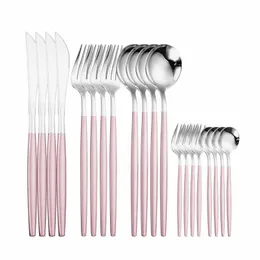 20 Stycke rosa bestick set rostfritt stål porslin set kök uppsättning dinnerware rosa silver middag redskap återanvändbar hem bestick 210317