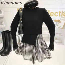 Kimutomo Casual Patchwork Sukienka Kobiety Nieregularny Fałszywy Dwa kawałek Plaid Kobieta O-Neck Długi Rękaw Vestido Mini Elegante 210521