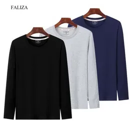 FALIZA Herren-Langarm-T-Shirts, 3er-Pack, einfarbig, 100 % Baumwolle, lässiges T-Shirt, hochwertige O-Ausschnitt-Tops, Camisetas Hombre, TX152 210324