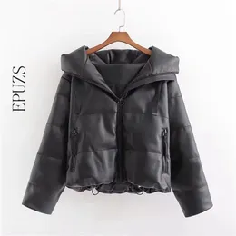 Vinter PU Läder Parkas Kvinnor Hooded Winter Coats Korean Warm Tjock Parkas Mujer Faux Outwear 210521