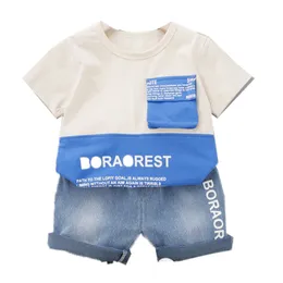 Kläder uppsättningar sommar barn mode baby pojkar tjejer patchwork brev t-shirt shorts 2st / set barn spädbarn kläder toddler tracksuit