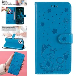 Wallet Phone Cases for iPhone 14 13 12 11 Pro X XR XS Max 7 8 Plus Cat Bee Embossing PU Leather Flip Kickstand Protective Cover Case with Cards Slots