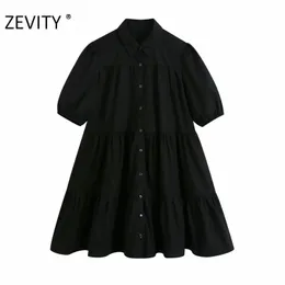 ZEVITY femmes simplement col rabattu solide noir mini robe bureau dame plis volants Vestido Chic décontracté robes lâches DS4418 210325