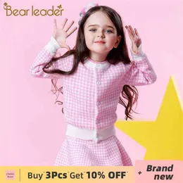 Girls Sets Spring Pink Houndstooth Knitted Suits Long Sleeve Plaid Sweater+Skit 2Pcs Kids For 3-7Y 210429