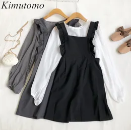 Kimutomo vårflickor kostym japansk preppy stil söt mild suspender klänning + långärmad skjorta tvådelad kvinna 210521