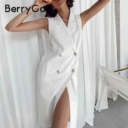 BerryGo V-neck sleeveless loose midi dress Solid double-breasted office dress woman High waist slim summer blazer dress female 210325
