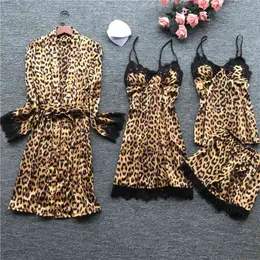 Qweek Leopard Pajamas для женщин Кружев сексуальное белье мода шелковая пижама Summer Pijama Mujer Pajama с грудной клеткой SH190905