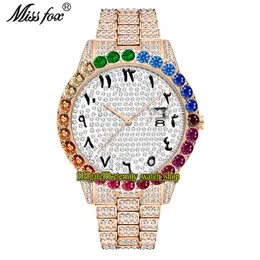 MissFox Eternidade 2643 Hip Hop Moda Mens Mens Relógios CZ Diamond Inlay Árabe Movimento de Quartz Homens Assista Gelado de Grande Diamantes Bezel Liga de Bezel Case Rose Gold Pulseira