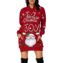 Kobiety Casual Długim Rękawem Bluzy Studce Sukienka Nowa Dama Party Dress Na Boże Narodzenie Moda Santa Claus Elk Drukowanie Kapturem Dress Y1204
