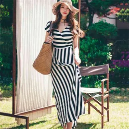 Maxi Stripe Dress korean ladies Sexy summer loose V neck long Office casual Party Dresses for women 210602