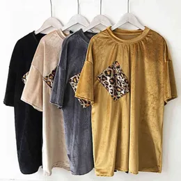 Gul svart aprikos blå sammet kort ärm o neck tee tops t shirt leopard pocket casual kvinnor kvinnlig sommar b0435 210514