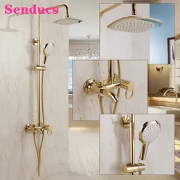 Set doccia da bagno in oro Senducs Soffione a pioggia rotondo Soffione per vasca in rame Rubinetti per vasca da bagno con acqua calda e fredda X0705