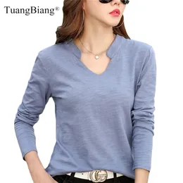 Tuangbiang 2022 Spring Long Sleeve Women V-Neck Bamboo Cotton T-shirt Elegant Loose Fashion Tee Shirt Ladies Stand Collar Tops 220207