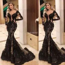 2022 Sexy Black Mermaid Evening Pageant Dresses Illusion Long Sleeve Lace Sequins Appliqued Sheer Sweetheart Crystal Beads Fishtail Occasion Prom Wear Gowns EE