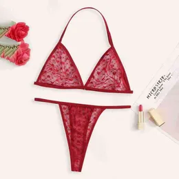 Hanging neck bra three-point mesh perspective love embroidery foreign temptation sexy underwear 211203