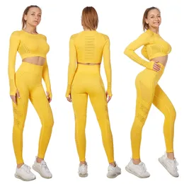 Vitala kvinnor sport kostym yoga uppsättning gym träning kläder långärmad fitness gröda upp + hög midja energi sömlösa leggings 210813