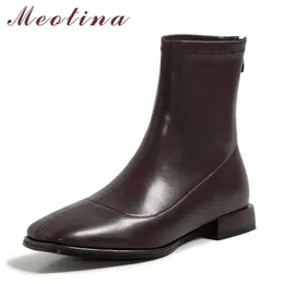 Meotina أحذية قصيرة النساء الأحذية ساحة تو الكعوب سميكة تمتد الأحذية منخفضة كعب سستة الكاحل الإناث الخريف الشتاء القهوة 210608