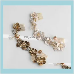 Jewelryantique Gold Floral Long Comb Bridal Leaf Women Headpiece Handmade Wedding Aessories Hair Jewelry Drop Delivery 2021 8Ejpr