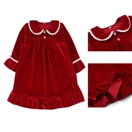 Welur Zimowy Czerwony Piżamy Fantazyjne Siostra Boże Narodzenie Baby Girls Nightwear Frill Smock Nightdress 211109
