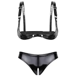 Womens Weat Like Patent Leather Erotic Lingerie Set Set Up Up Up Up Open Cup Learch Bra Top Crotch