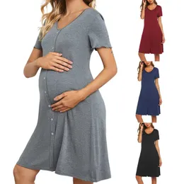 Women Maternity Dresses Solid Color Pajamas Maternity Short Sleeve Solid Color Nursing Nightdress Breastfeeding Dress Embarazada Q0713