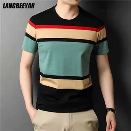 Top Grade Summer Designer Märke 95% Bomull 5% Spandex T Shirts för män Striped Kortärmad Casual Fashion Mens Kläder 210716