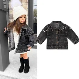 FOCUSNORM 0-4Y Fashion Autumn Infant Baby Girls Thick Jacket Outwear Solid Denim With Pearl Single Breasted Coats 211204