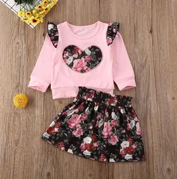 Малыш девочка одежда комплекты цветка печати персиковое сердце с длинным рукавом топы мини юбка 2шт наряды хлопка одежда осенью