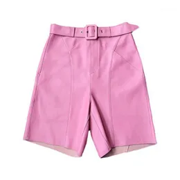 Kvinnors Shorts Lady Fashion Korta Byxor Med Bälte Höst Äkta Fårskinn Läder 4 Färger Sexig TF8526