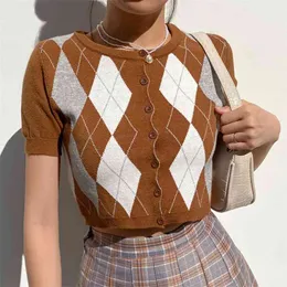 茶色のアーガイルニットY2K作物トップカーディガン女性のTシャツ夏半袖ニットボタンアップビンテージチェック柄Teeシャツ210510