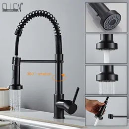 Däckmonterad Flexibelt kök Kranar Dra ut mixer Kran Svart Kall Köksfjäderstil med Spray Mixers TAPS E9009 211108