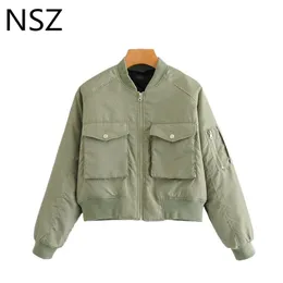 NSZ Frauen Übergroße Winter Bomberjacke Gepolsterter Mantel Moto Biker Pilot Crop Top Große Größe Femme Parkas Oberbekleidung Militärgrün 211108