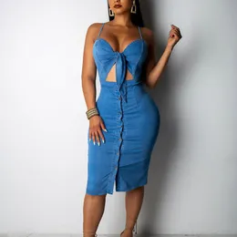 Hollow Out Denim Dress Kvinnor Knotted High Waist Beskuren Bodycon Sommar Knappar Sexig Spaghetti Strap Party Casual Dresses