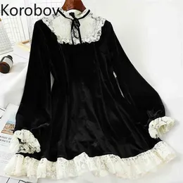 Korobov spets patchwork o nacke kvinnor klänning koreanska streetwear höga midja kvinnliga klänningar vår sommar vestidos 210623