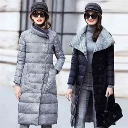 Alegogoアヒルダウンジャケット女性冬の長い厚い両面格子縞のコートの女性暖かいパーカー210923