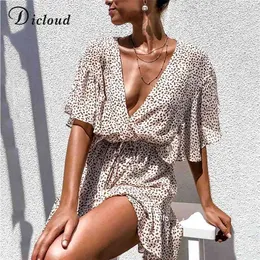 Dicloud Dot Kadın Yaz Elbiseler ve Sundresses Seksi Dalma V Boyun Plaj Parti Mini Elbise Geri Düğme Kapatma Fırfır Elbise 210323