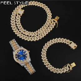 Hip Hop 3PCS KIT Schwere Uhr + Prong Kubanische Halskette + Armband 13,5 MM Bling Kristall AAA + Iced Out Strass Ketten Männer Schmuck